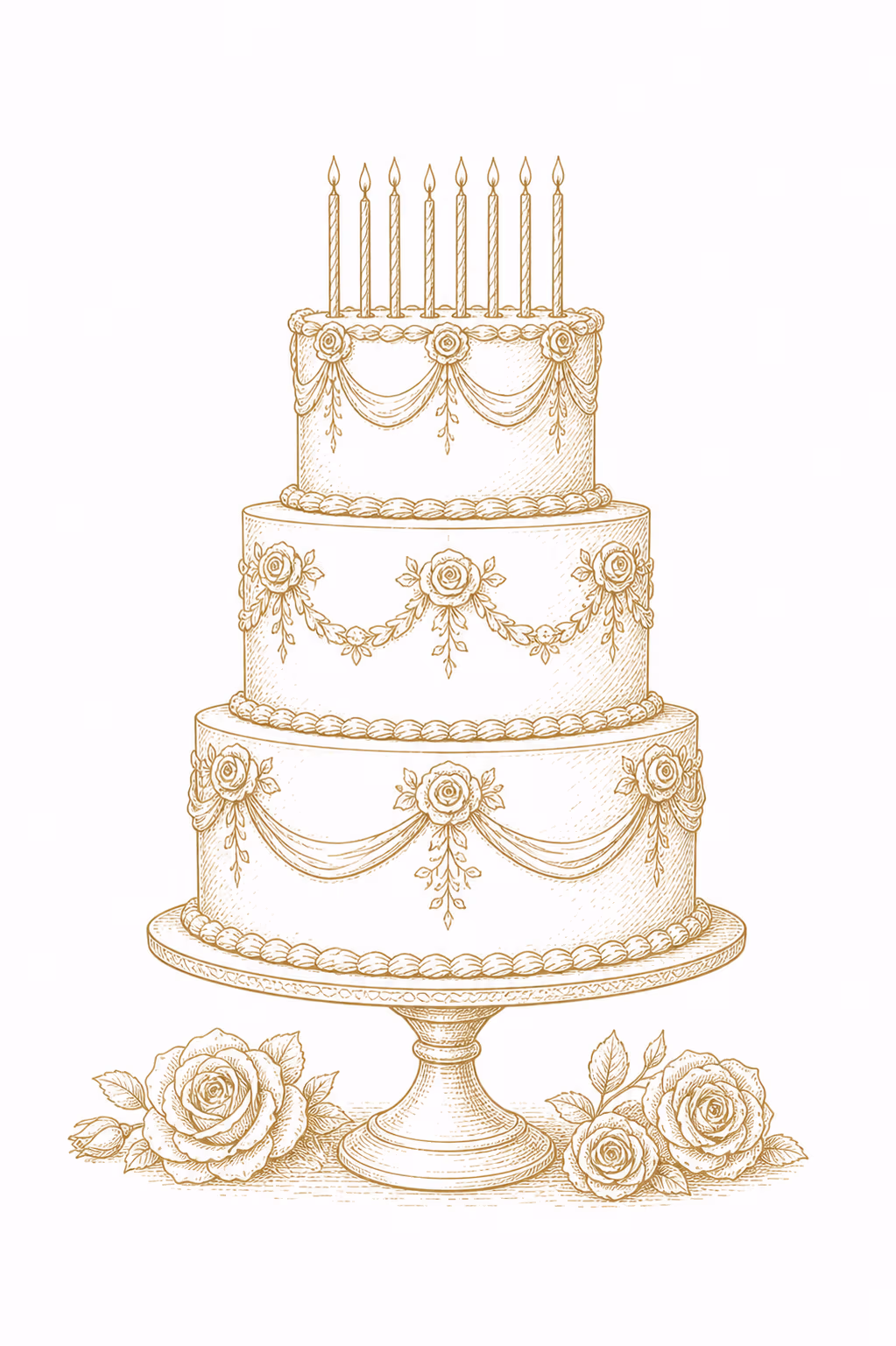 A three-tier birthday cake, hand-drawn
