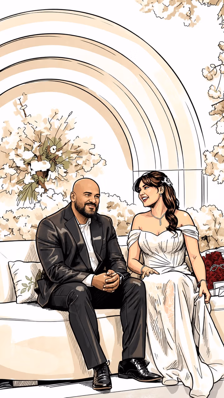 Moussa and Asma seated under the arches